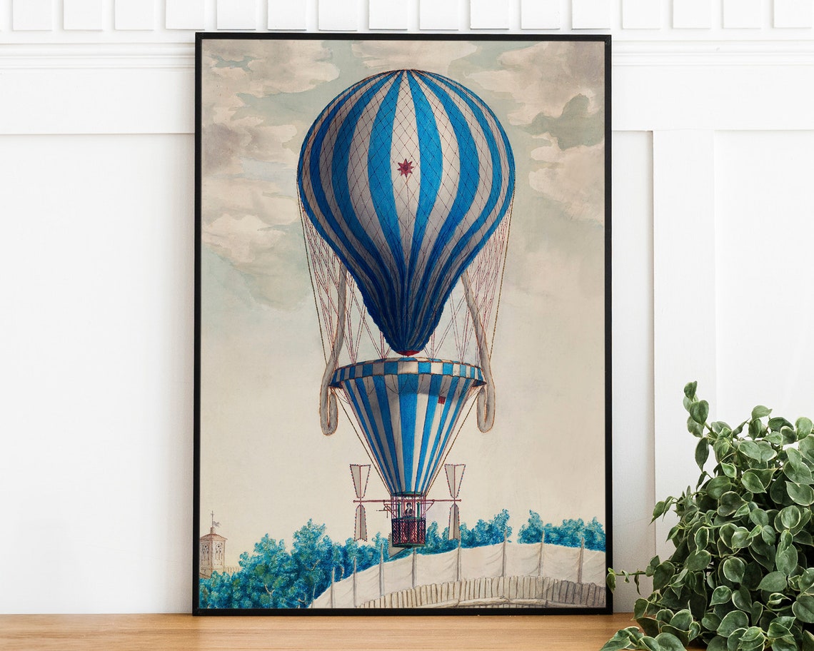 Blue White Striped Hot Air Balloon Vintage Ballooning Art Print
