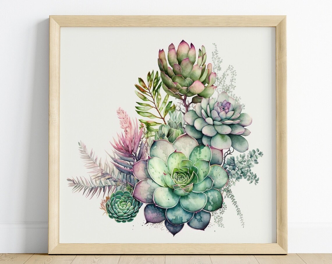 Fresh Green And Pink Watercolor Succulents Botanical Art Poster