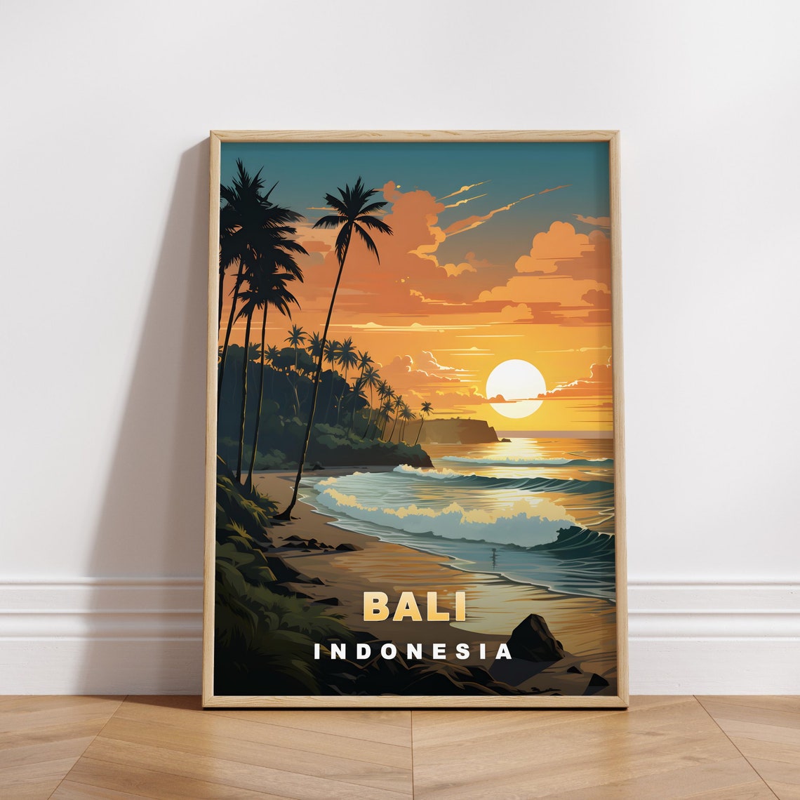 Bali Indonesia Sunset Beach Palm Trees Waves Cliffs Travel Poster