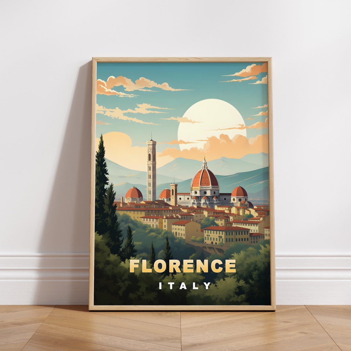Florence Italy Retro Travel Poster Duomo Cathedral Skyline View
