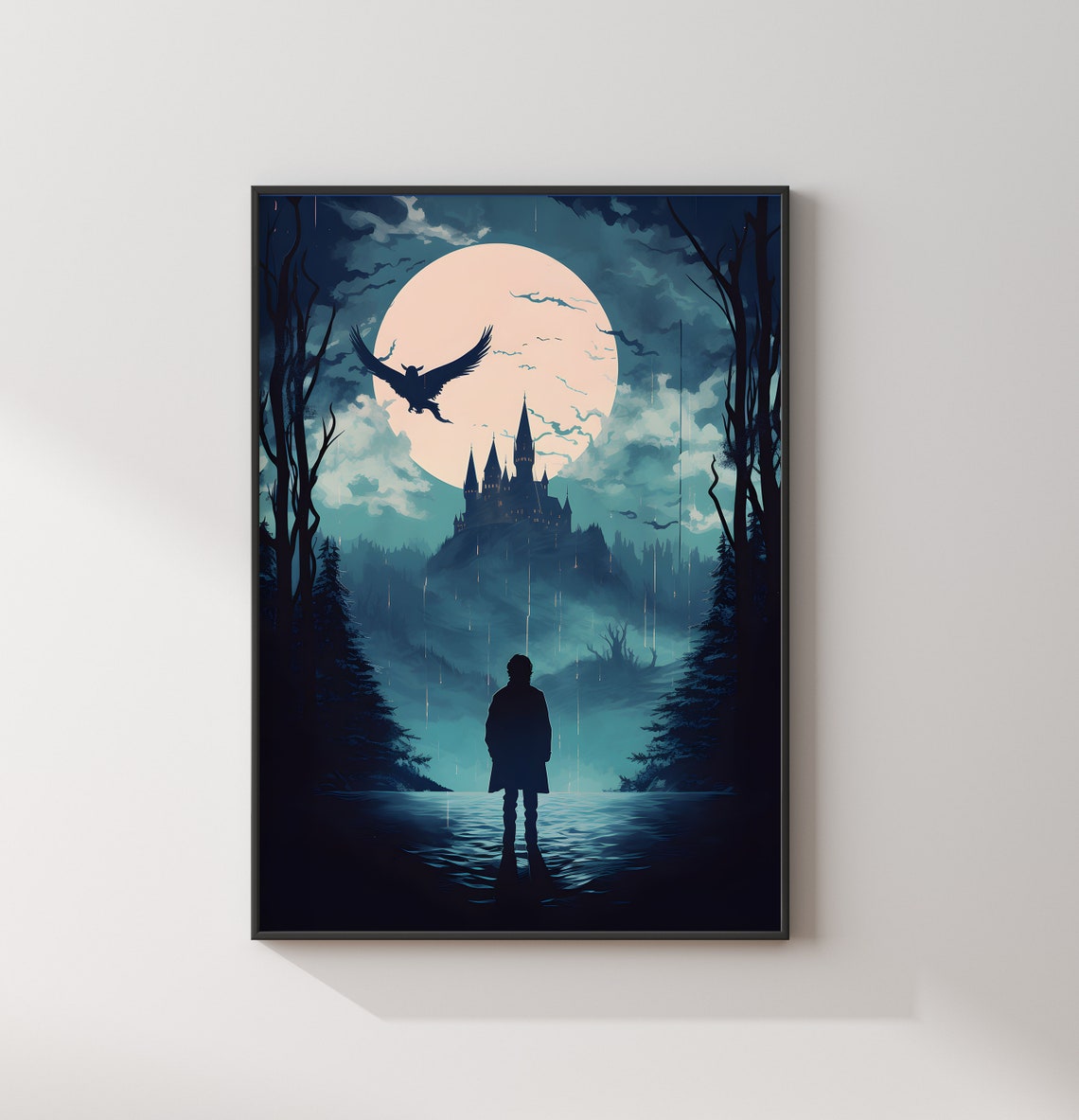 Moonlit Castle Giant Moon Over Night Lake Fantasy Movie Poster Art - Image 2