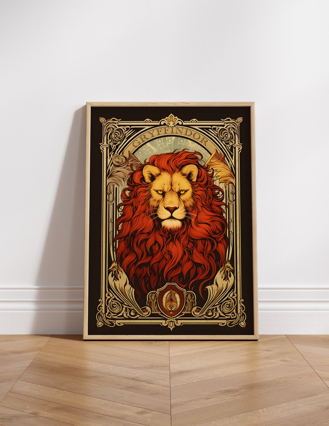 Gryffindor Crimson Lion Emblem Dark Ornate Vintage Style Poster