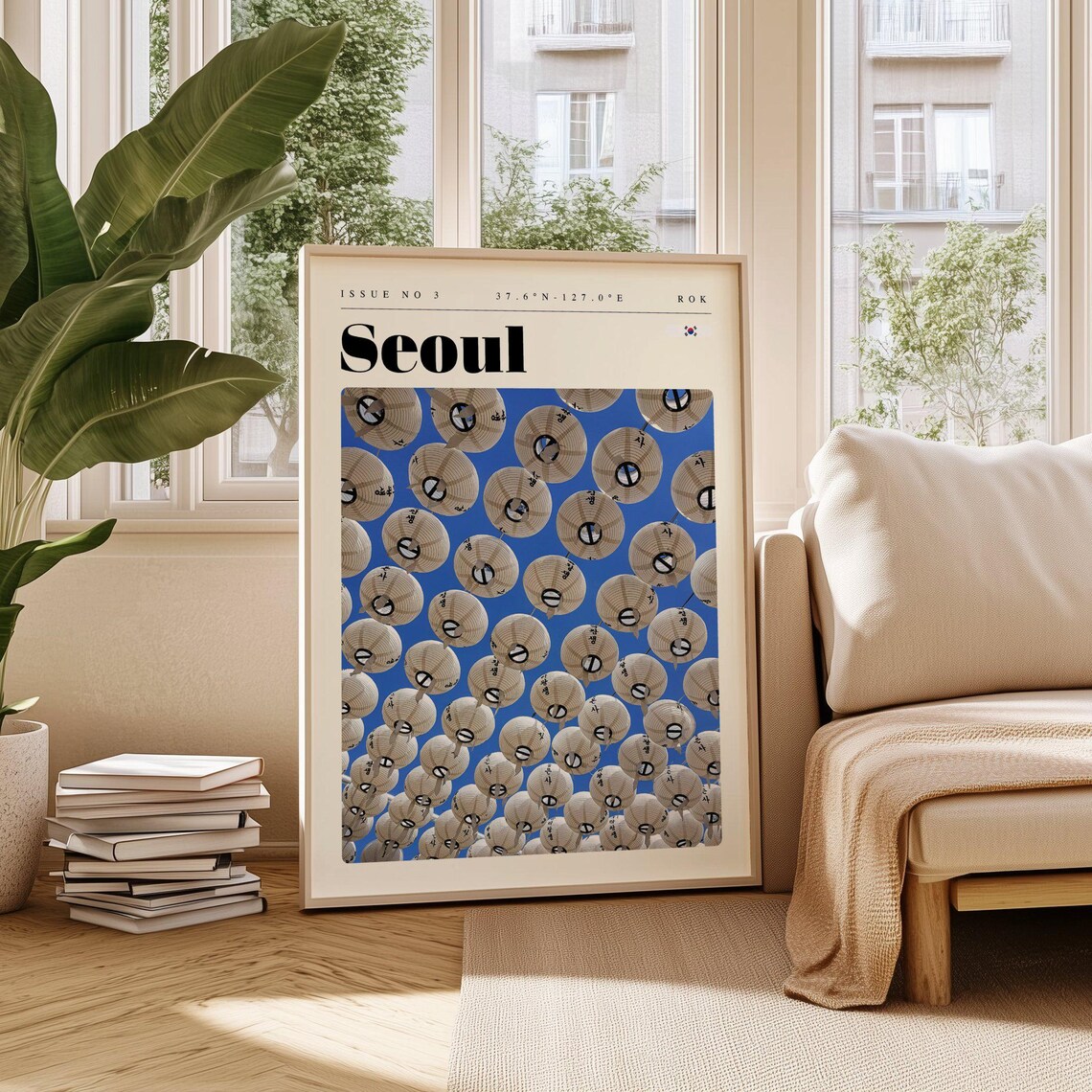 Seoul South Korea Paper Lanterns Festival Blue Sky Travel Poster