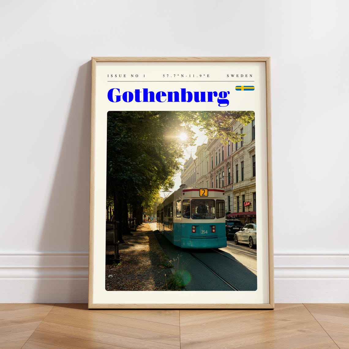 Gothenburg Sweden Vintage Blue Tram Tree Lined Street Travel Poster - Image 3