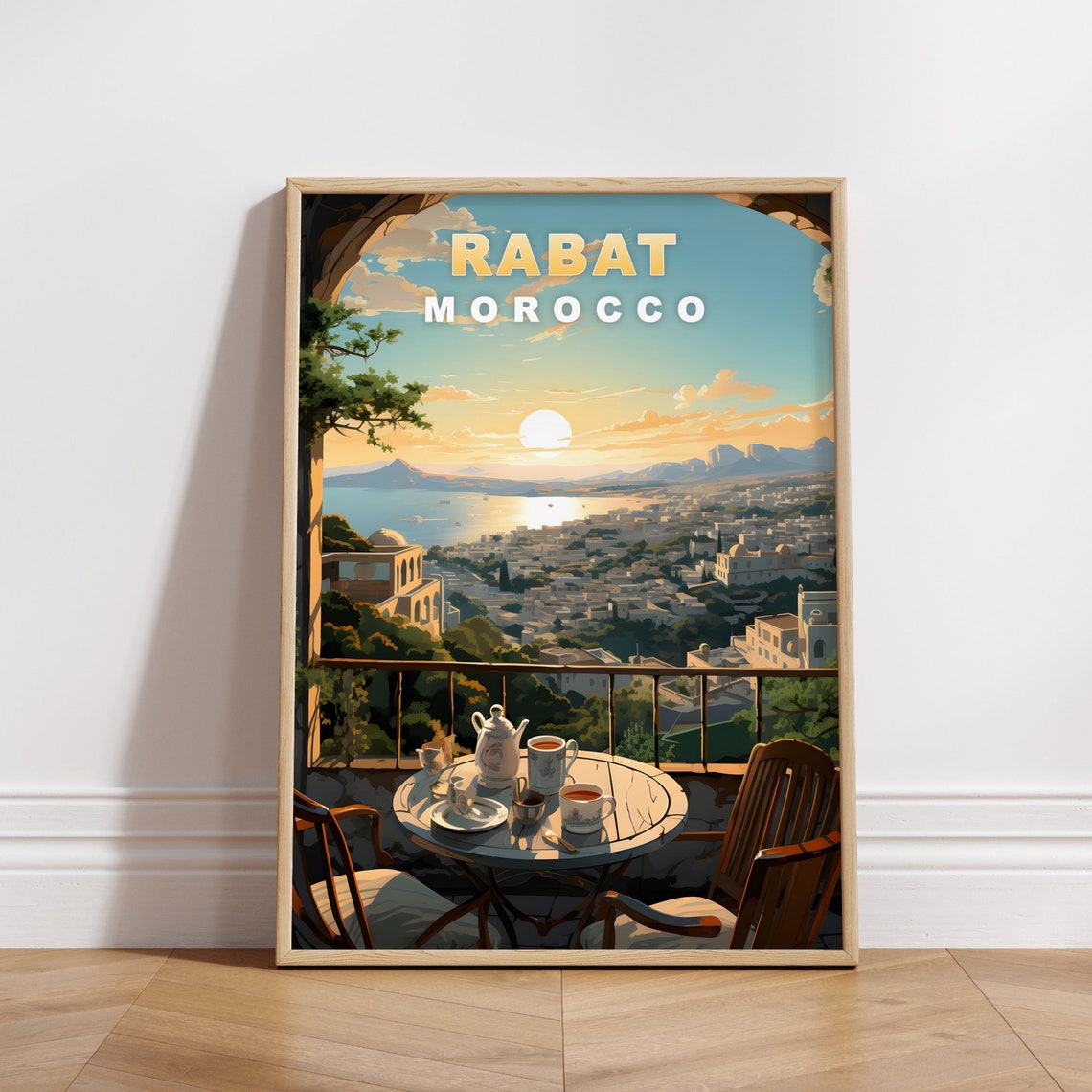 Rabat Morocco Terrace Tea Sunset Over Bay City View Travel Poster