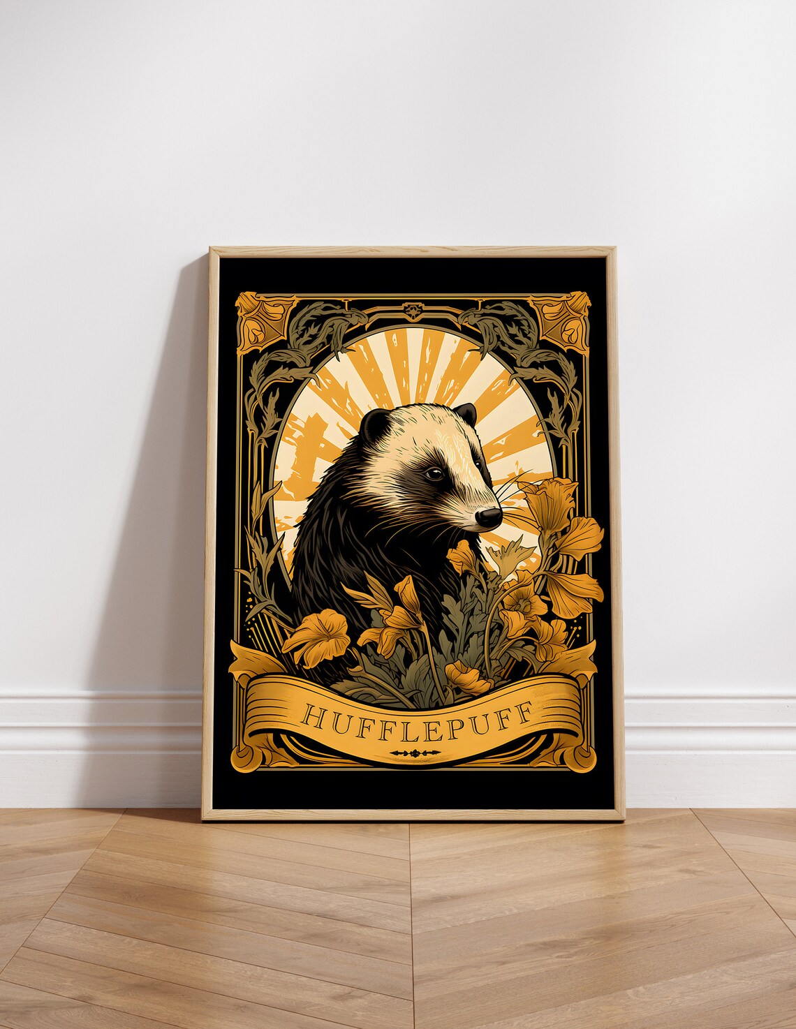 Hufflepuff Badger Art Nouveau Gold Vintage Crest Fantasy Art Poster