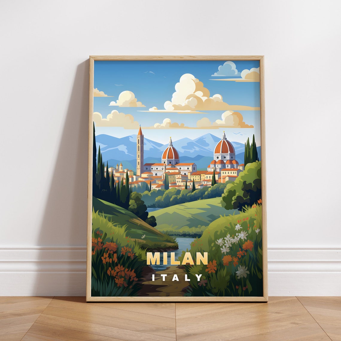 Milan Italy Domed Cathedral Green Hills Retro Travel Poster Decor Art