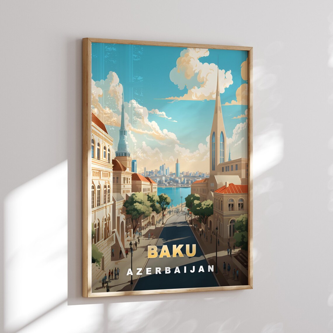 Baku Azerbaijan Old Town Street Sea View Minarets Travel Poster - Image 2
