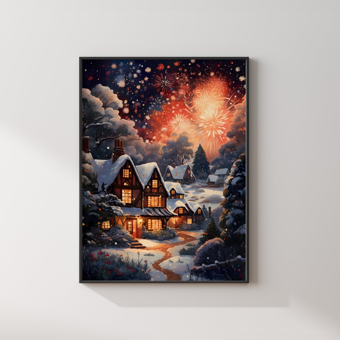 Magical Snowy Wizard Village Christmas Fireworks Fantasy Poster - Image 2