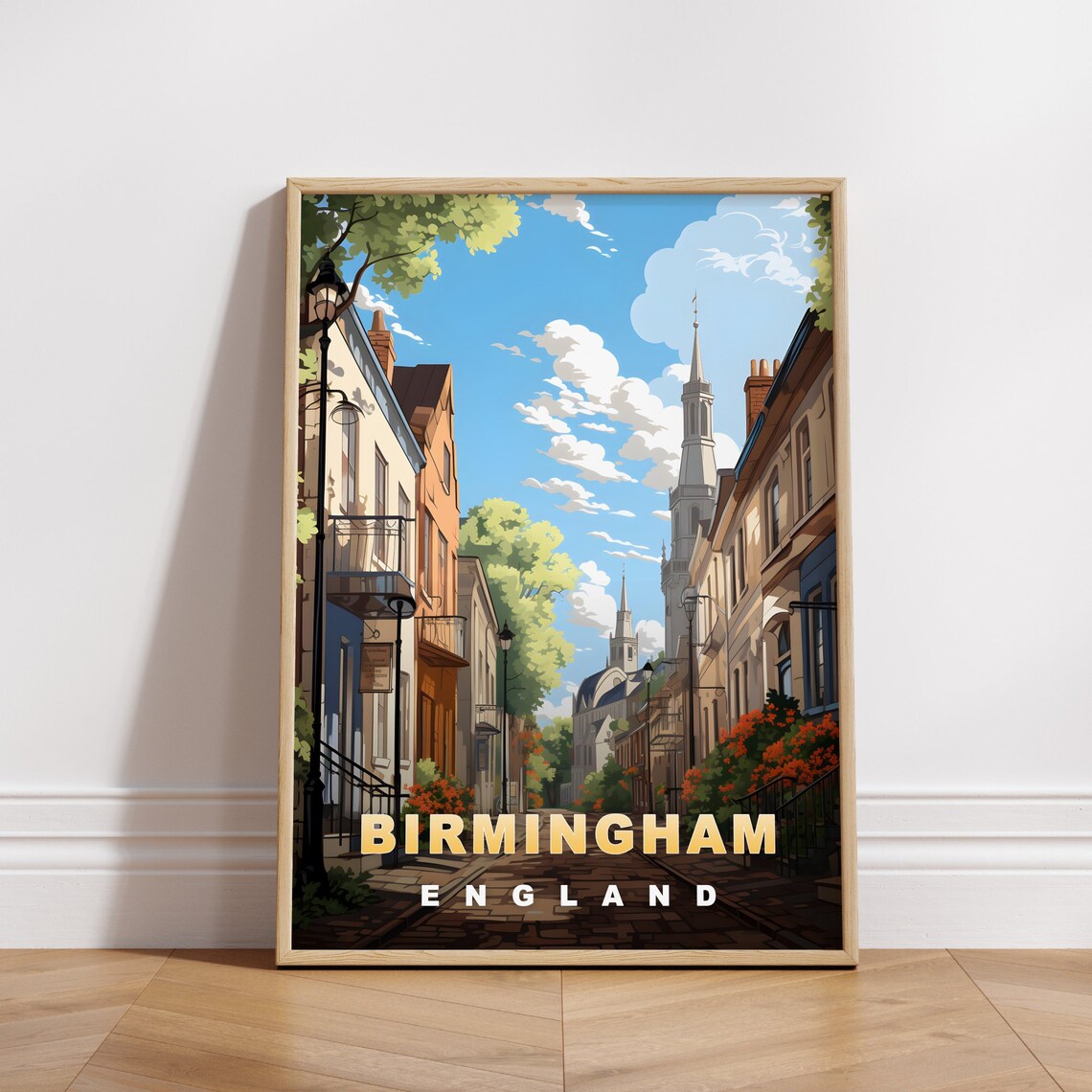 Birmingham England Cobbled Street Church Spire Blue Sky Travel Poster