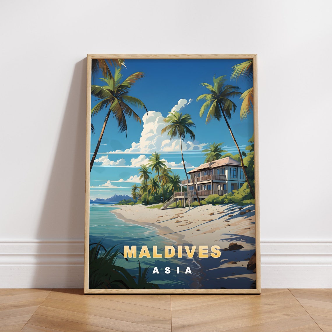 Maldives Asia Beach Villa Palm Turquoise Shore Retro Travel Poster