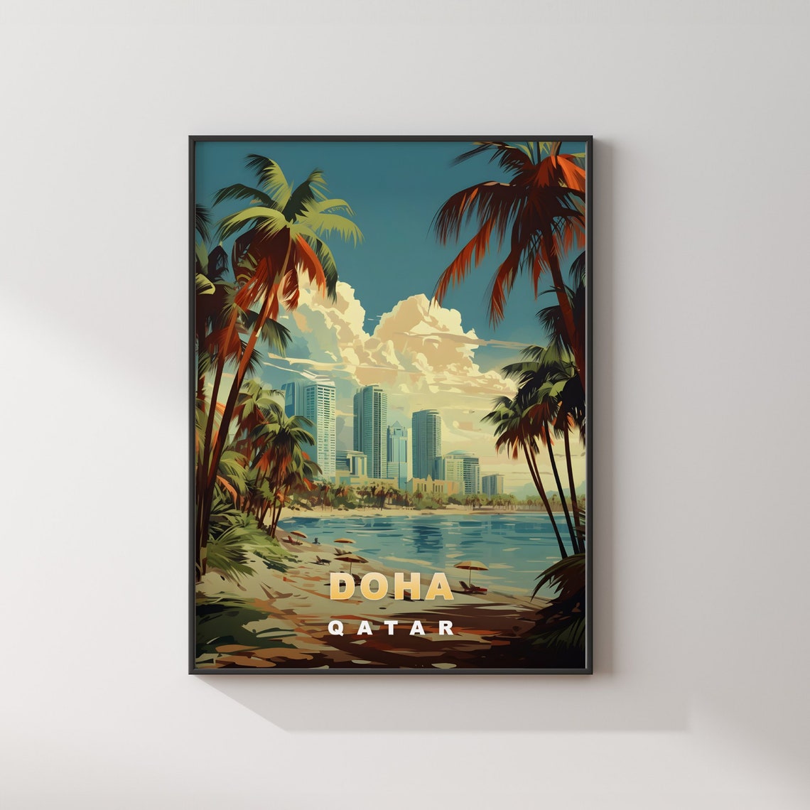 Doha Qatar Beachfront Palm Trees Skyline Vintage Travel Poster - Image 2