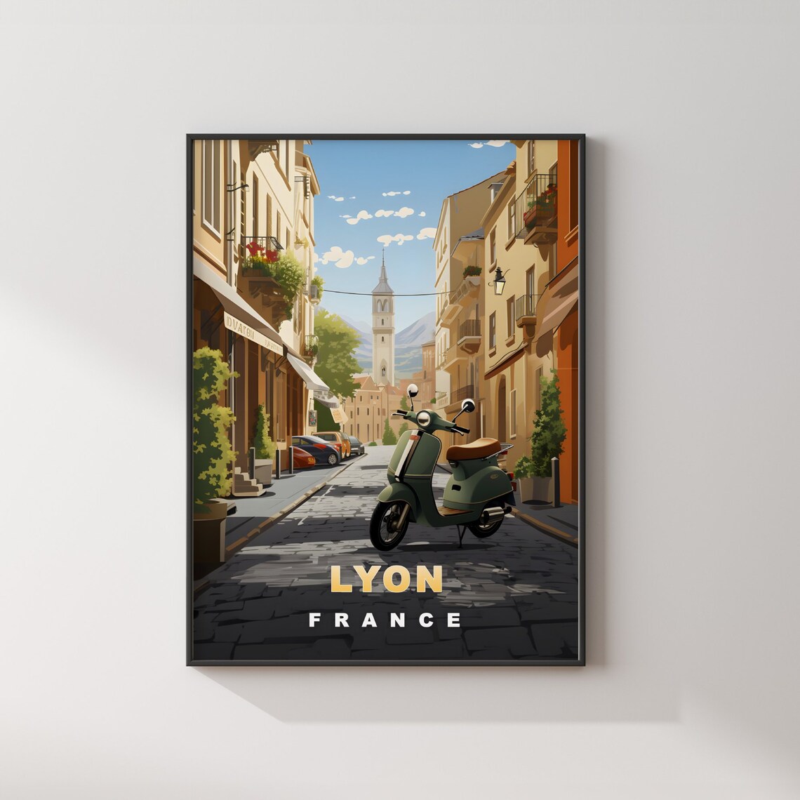 Lyon France Retro Travel Poster Vintage Scooter Cobbled Street - Image 2
