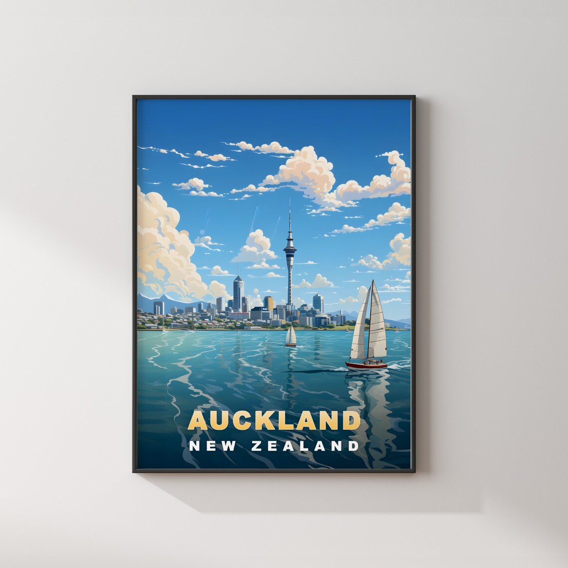 Auckland New Zealand Sky Tower Harbour Sails Retro Travel Poster - Image 2
