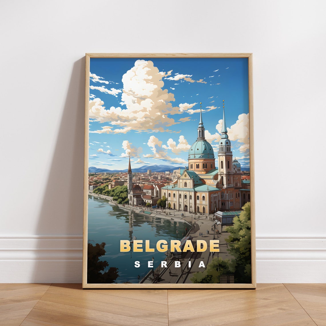 Belgrade Serbia Riverside Cathedral Waterfront Promenade Travel Poster