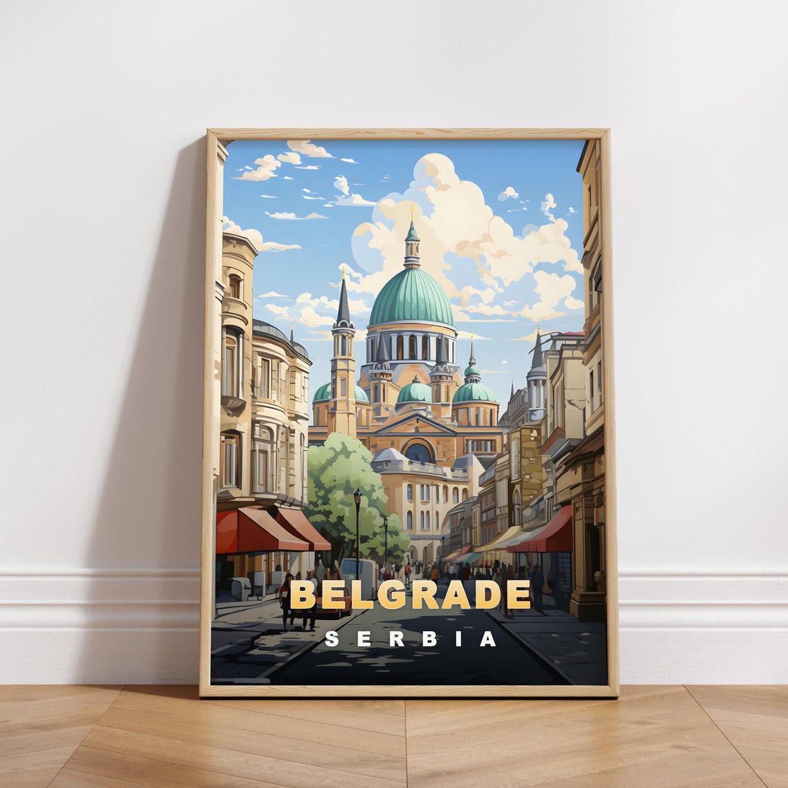 Belgrade Serbia Green Dome Cathedral Bustling Street Travel Poster