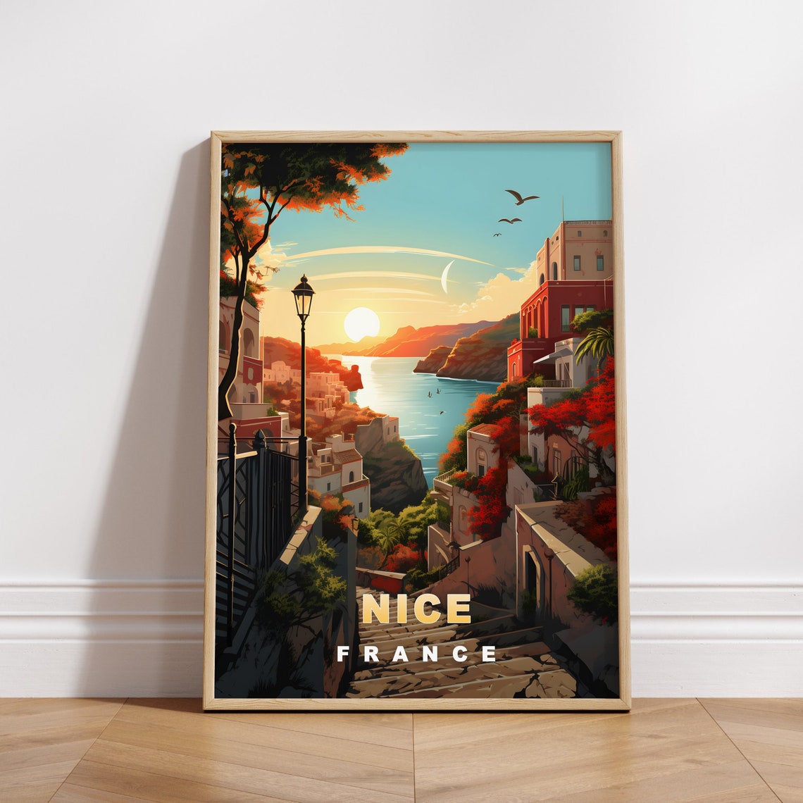 Nice France Sunset Coastal City Riviera Retro Travel Poster Wall Decor