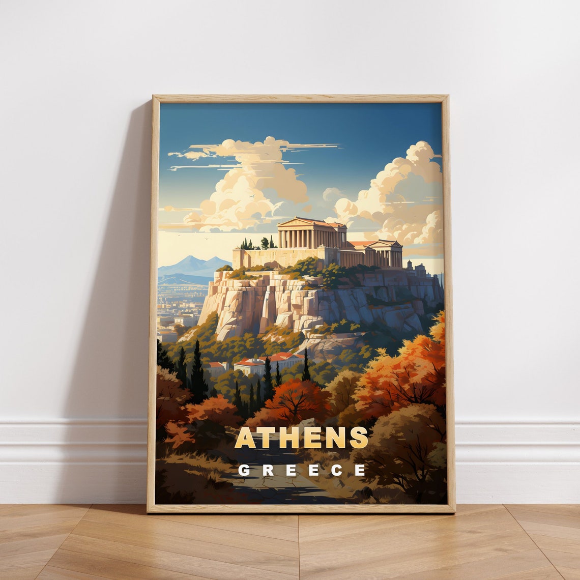 Athens Greece Acropolis Parthenon Golden Hour View Travel Poster