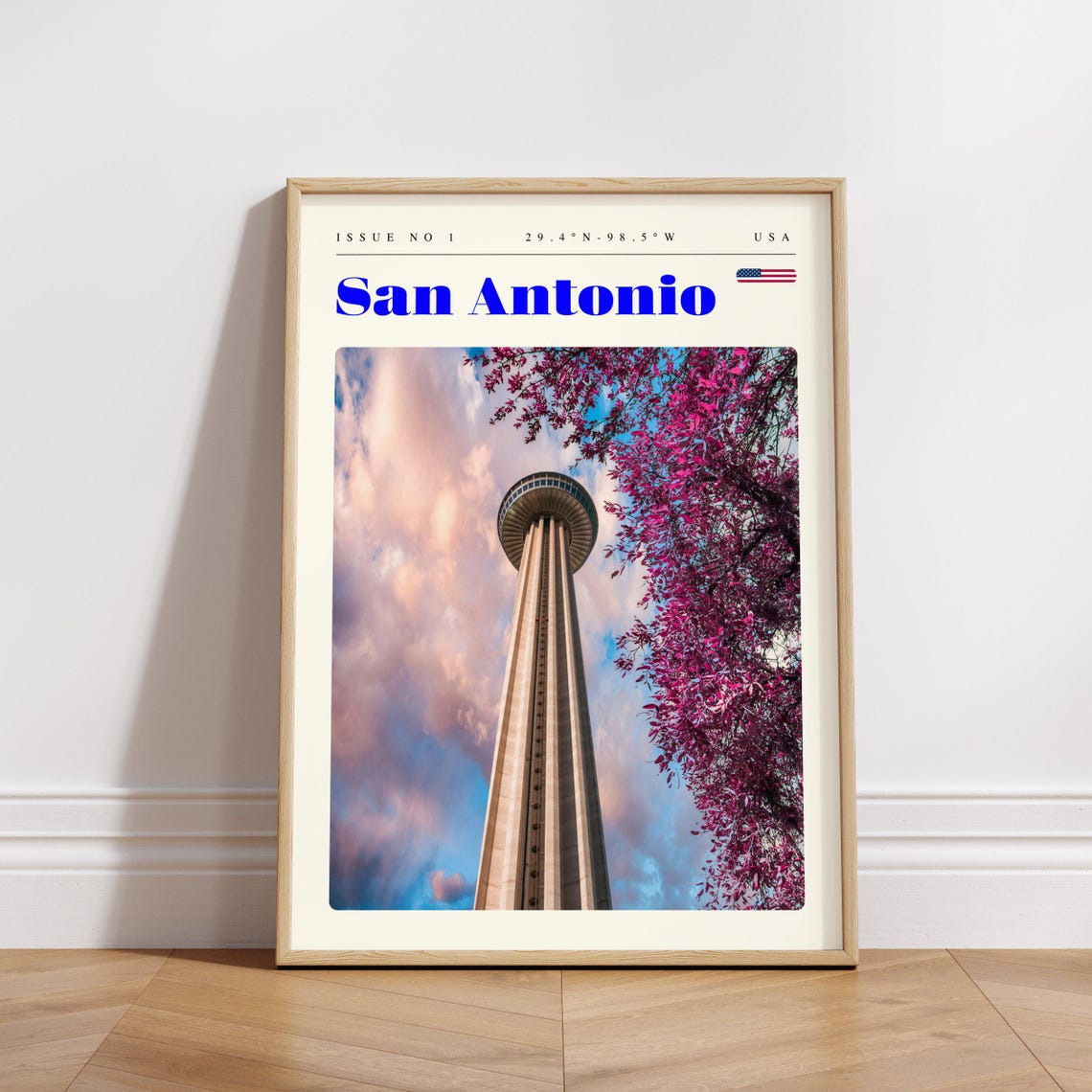 San Antonio USA Tower of the Americas Pink Blossoms Travel Poster - Image 3