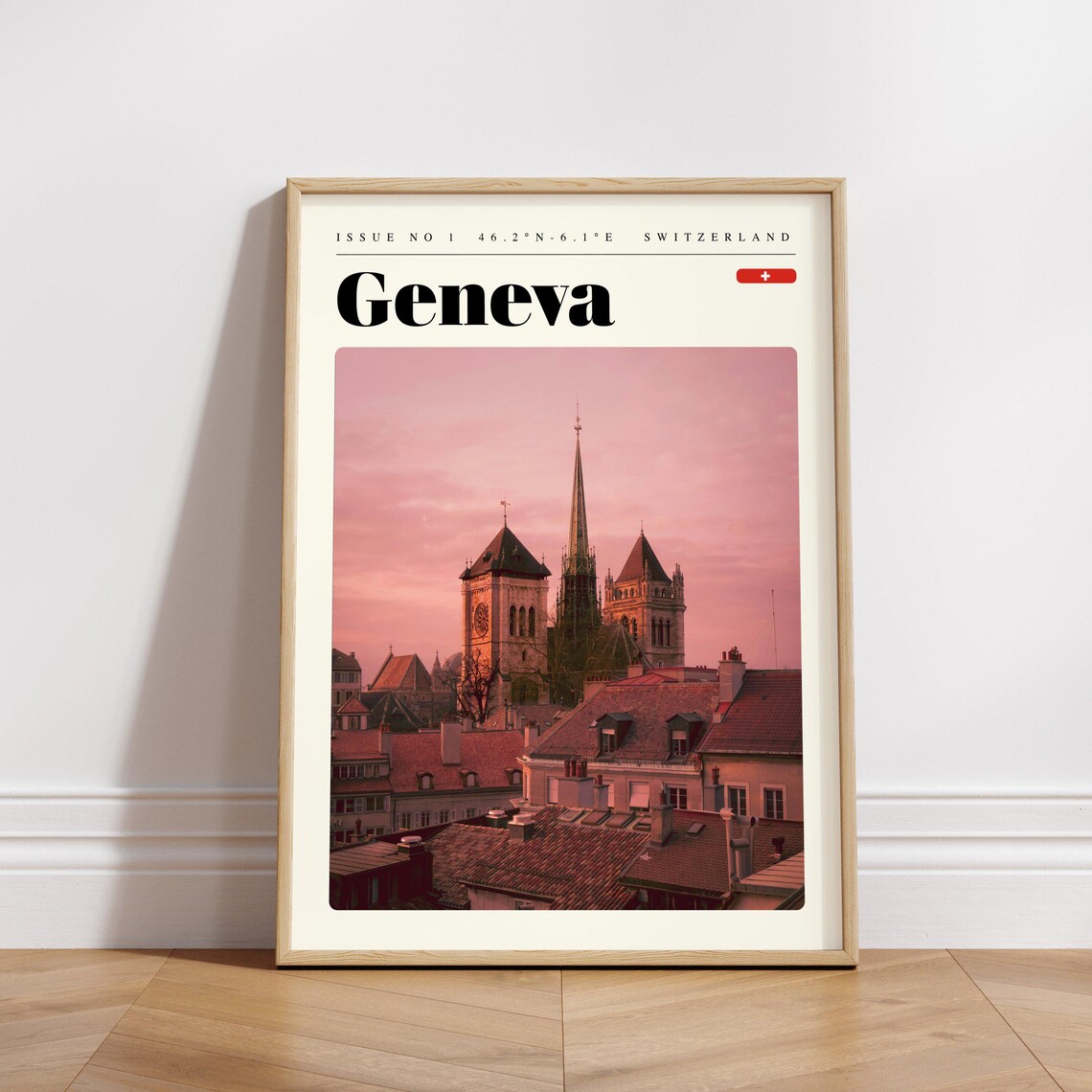 Geneva Switzerland Old Town Rooftops Pink Dusk Photo Travel Poster - Image 3