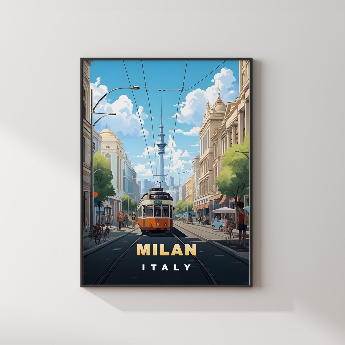 Milan Italy Retro Travel Poster Vintage Tram Tower Street Scene - Image 2