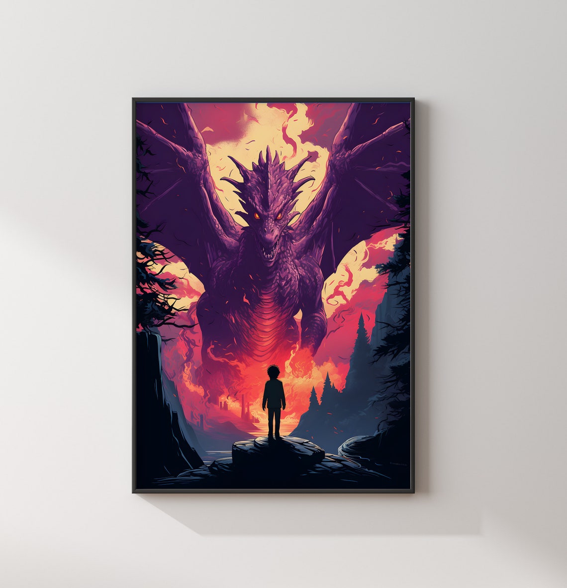 Boy Facing Giant Purple Dragon Fiery Sky Fantasy Movie Poster - Image 2