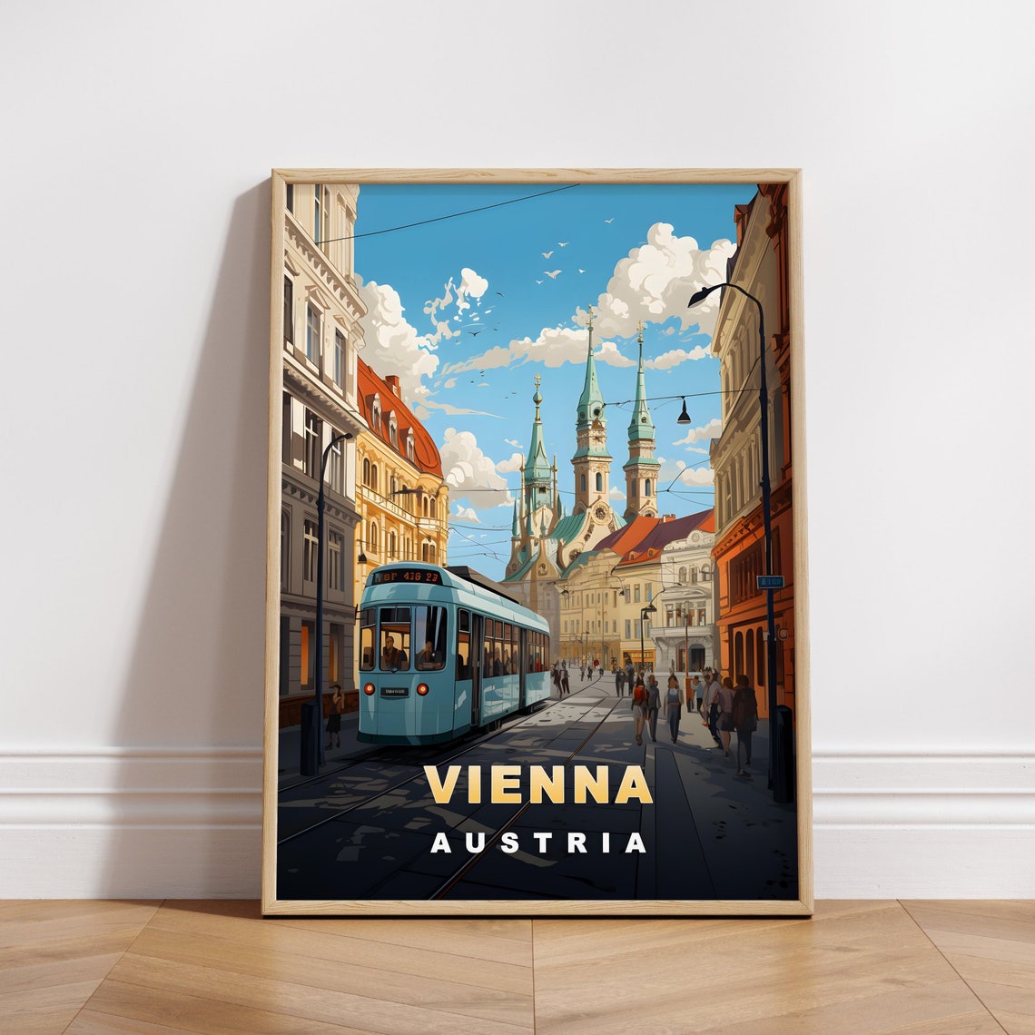 Vienna Austria Vintage Tram Historic Street Church Spires Poster