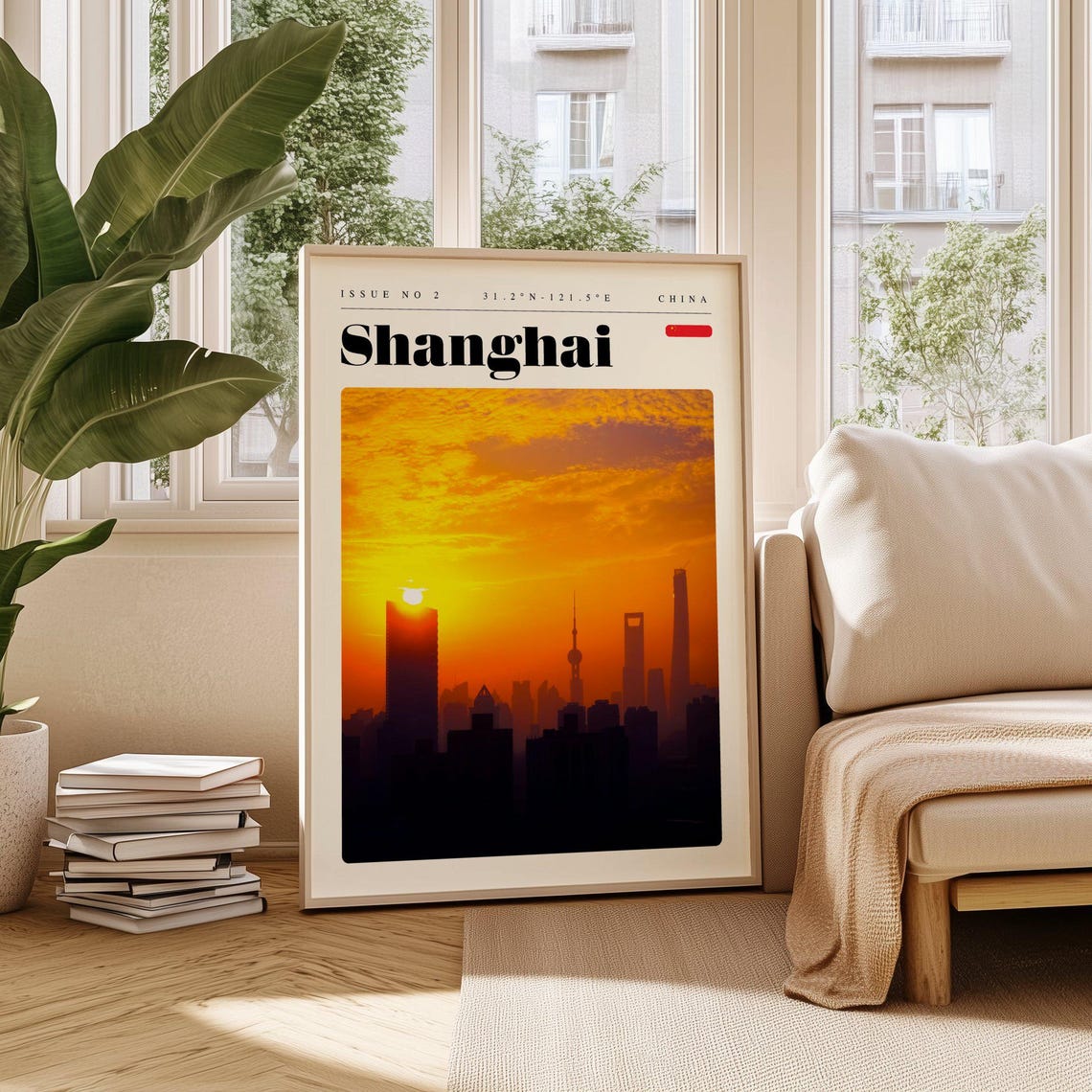 Shanghai China Vintage Travel Poster Golden Sunset Skyline Glow