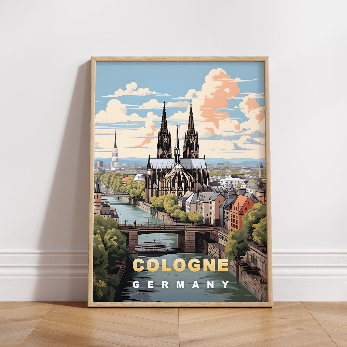 Cologne Germany Cathedral Rhine River Bridges Vintage Travel Poster