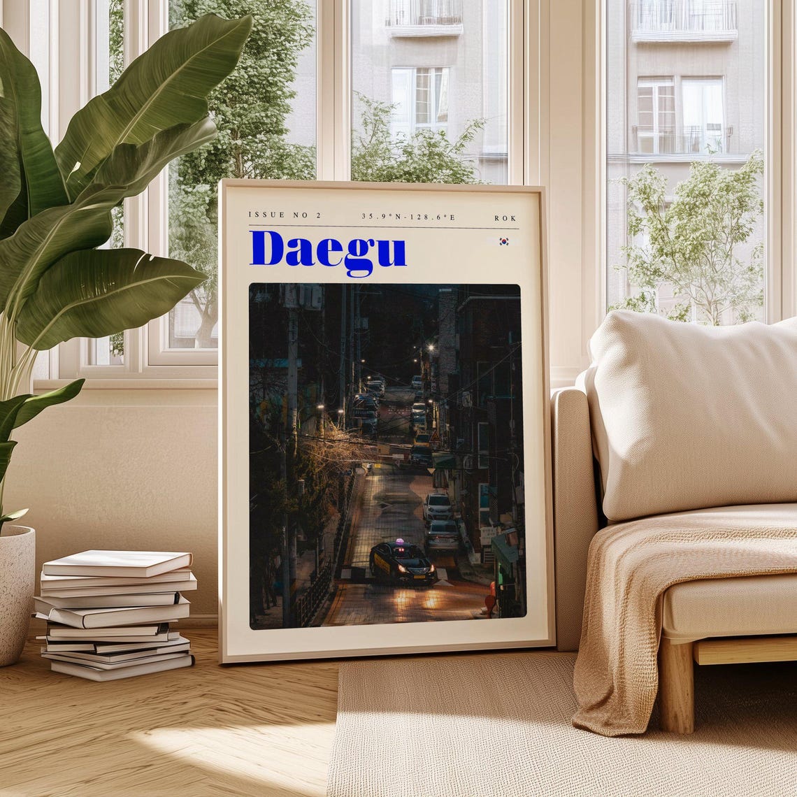 Daegu South Korea Night Street Neon Lights Rainy Road Travel Poster