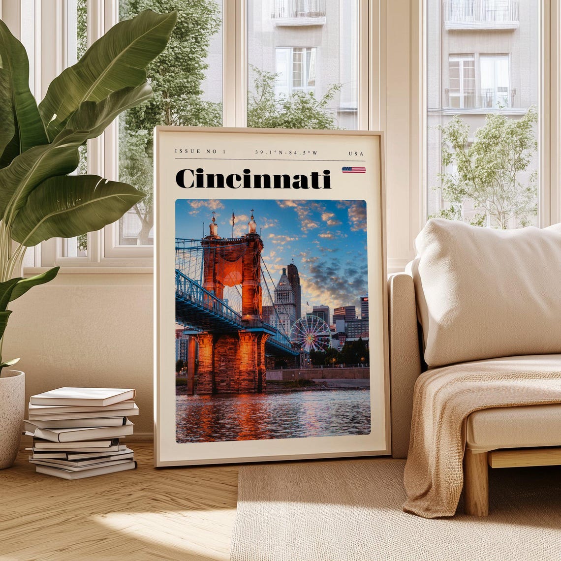 Cincinnati USA Suspension Bridge Sunset River Skyline Travel Poster