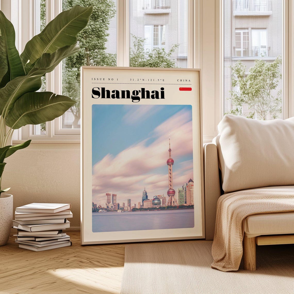 Shanghai China Vintage Travel Poster Oriental Pearl Tower Skyline