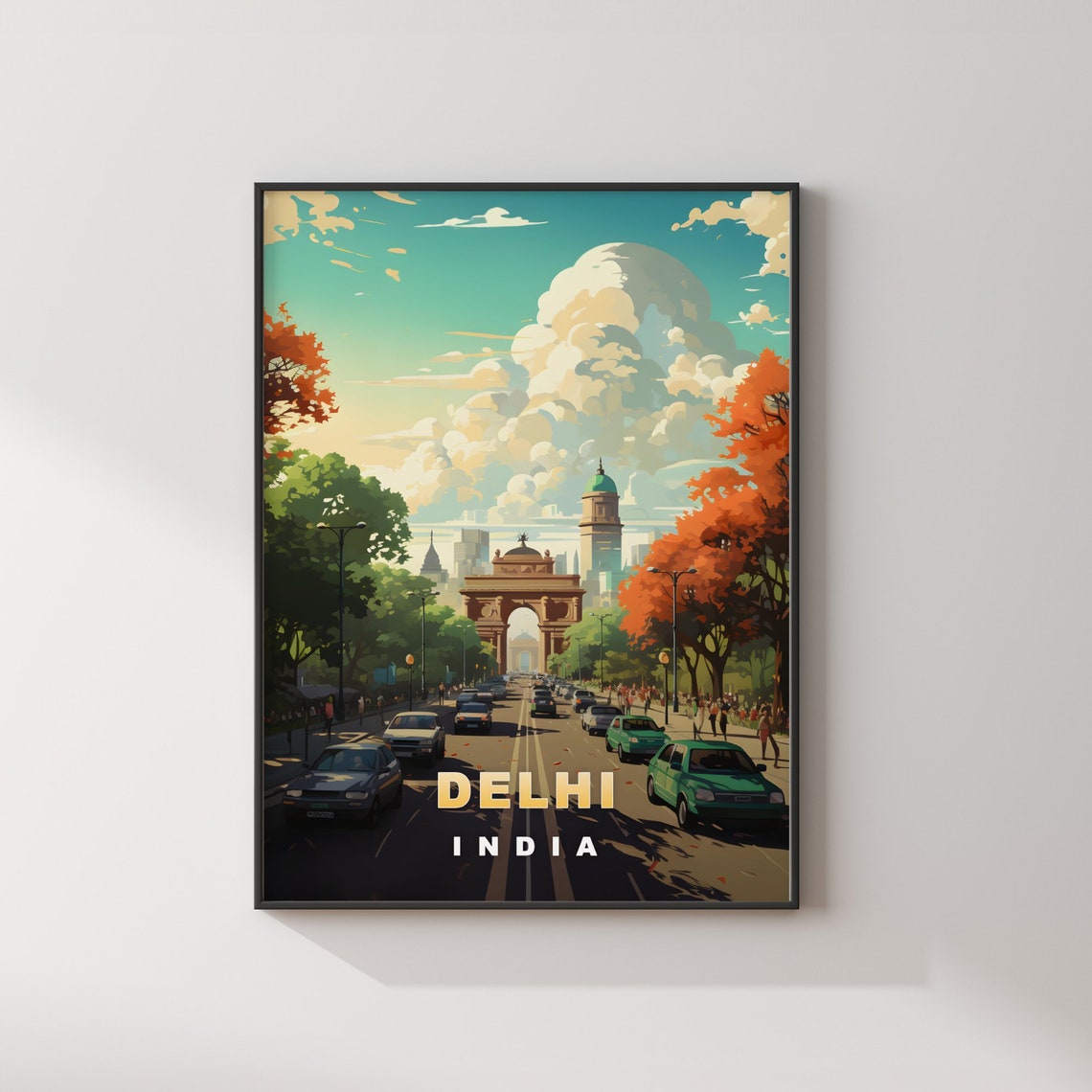 Delhi India Grand Arch Bustling Avenue Autumn Trees Travel Poster - Image 2