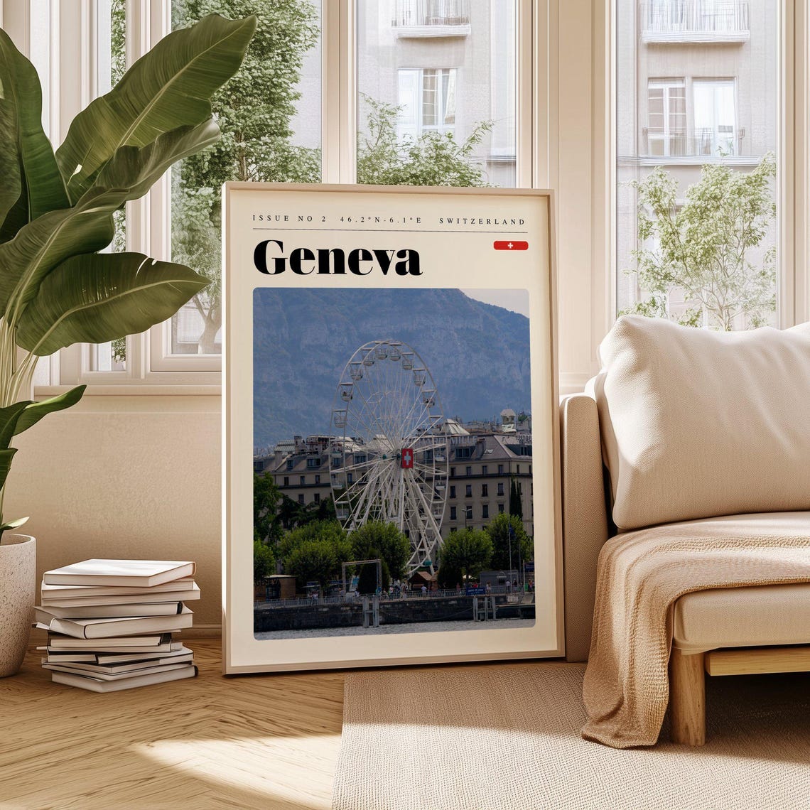 Geneva Switzerland Ferris Wheel Lake View Vintage Travel Poster