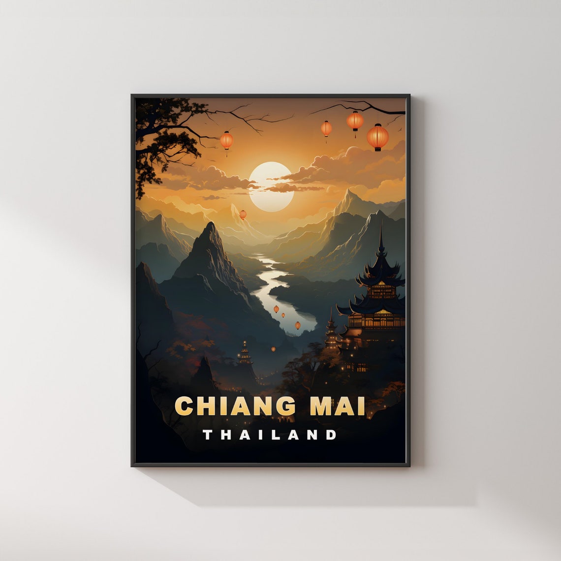 Chiang Mai Thailand Night Mountains Temple Lanterns Travel Poster - Image 2