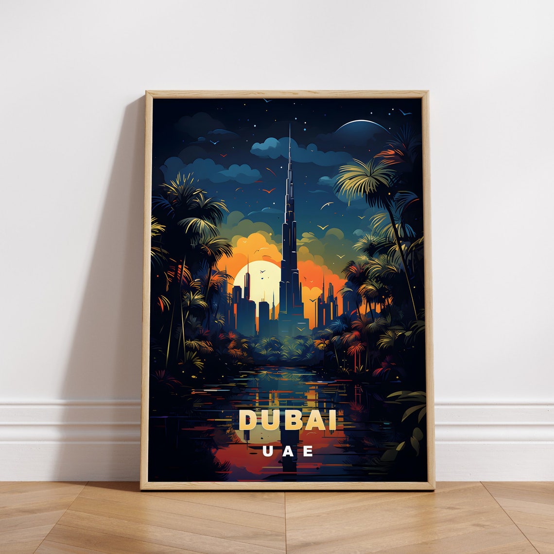 Dubai UAE Burj Khalifa Night Skyline Palms Retro Travel Poster
