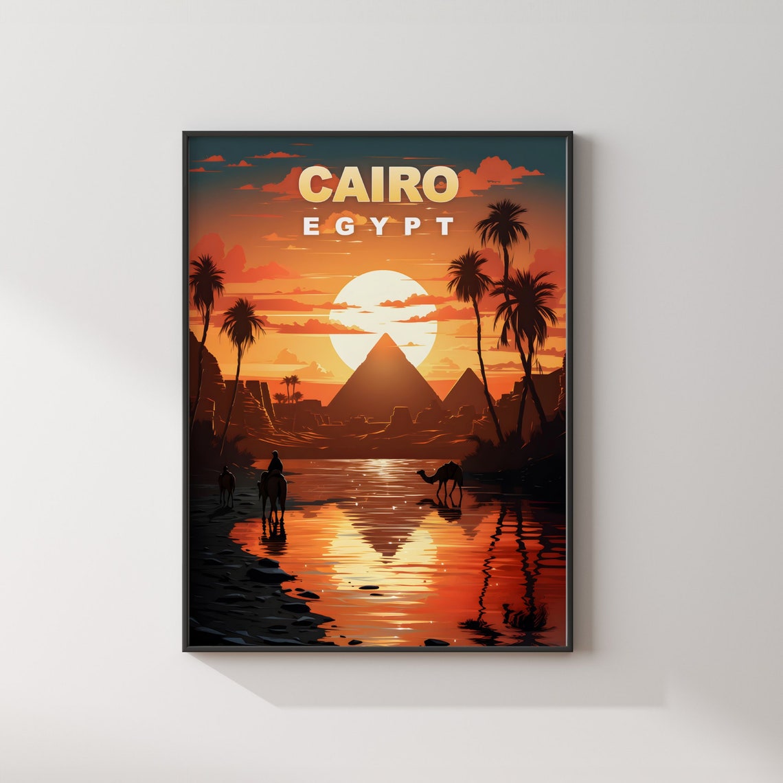 Cairo Egypt Camel Caravan Sunset Pyramid Scene Travel Poster - Image 2