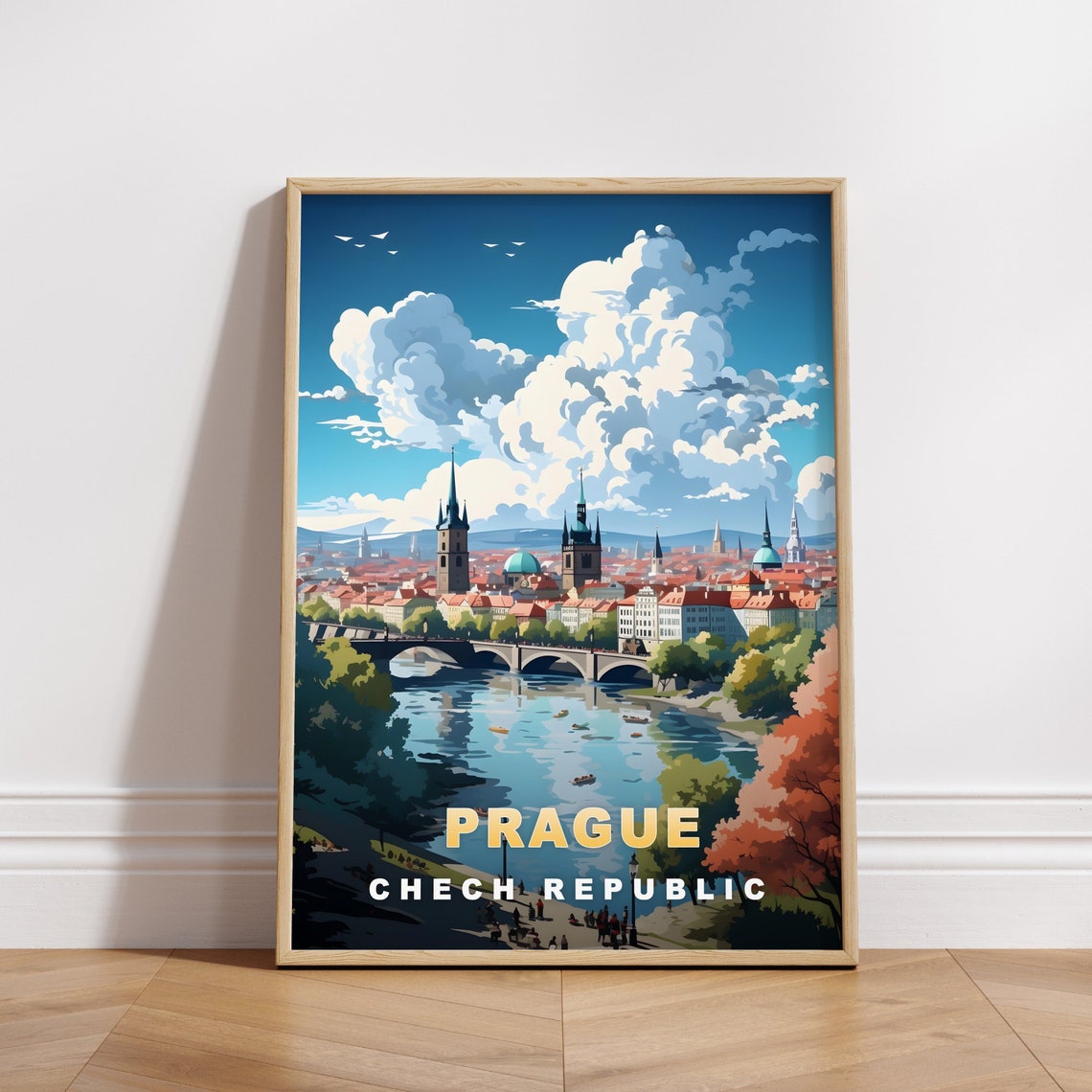 Prague River Bridges Old Town Towers Retro Travel Poster Decor Art