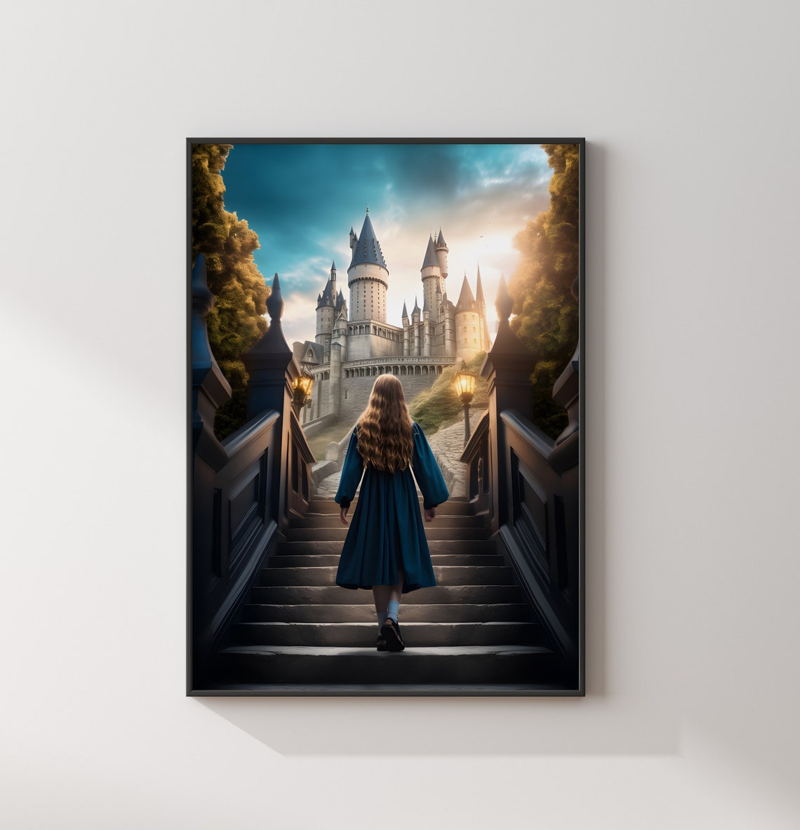 Wise House Wizard Girl Climbing Magic Castle Stairway Poster - Image 2