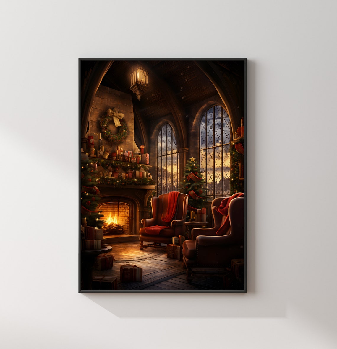 Christmas Fireplace Cozy Armchairs Wizard Common Room Poster - Image 2