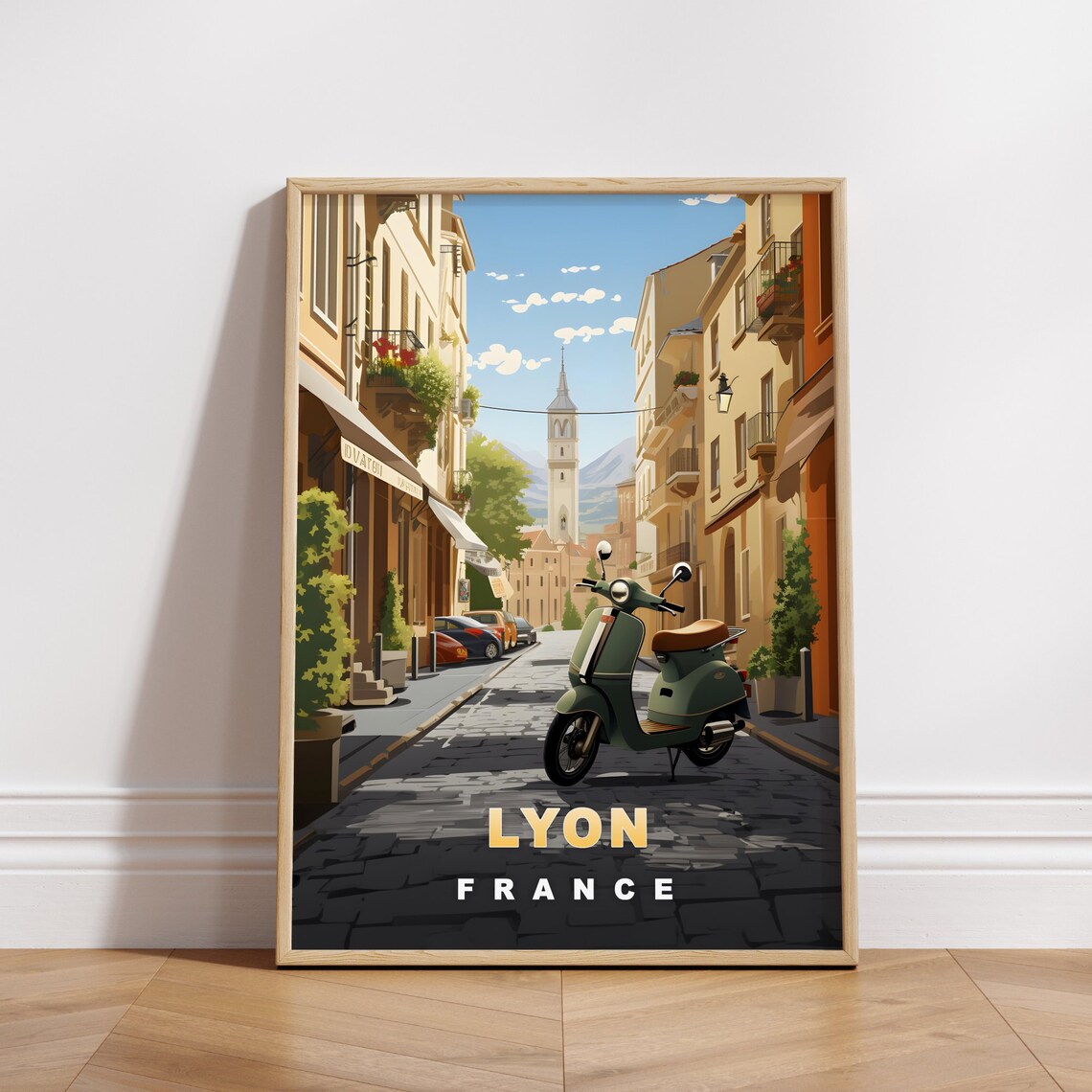 Lyon France Retro Travel Poster Vintage Scooter Cobbled Street