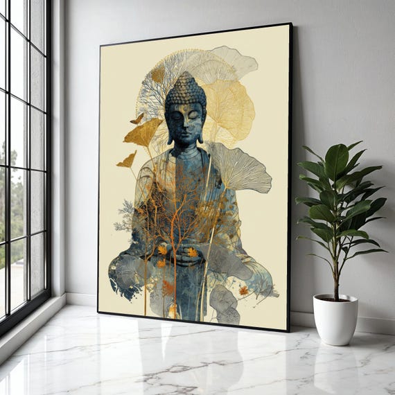 Meditative Buddha Canvas Wall Art Zen Spiritual Decor Nature Inspired Floral Overlay Calm Serenity Home Gift Print