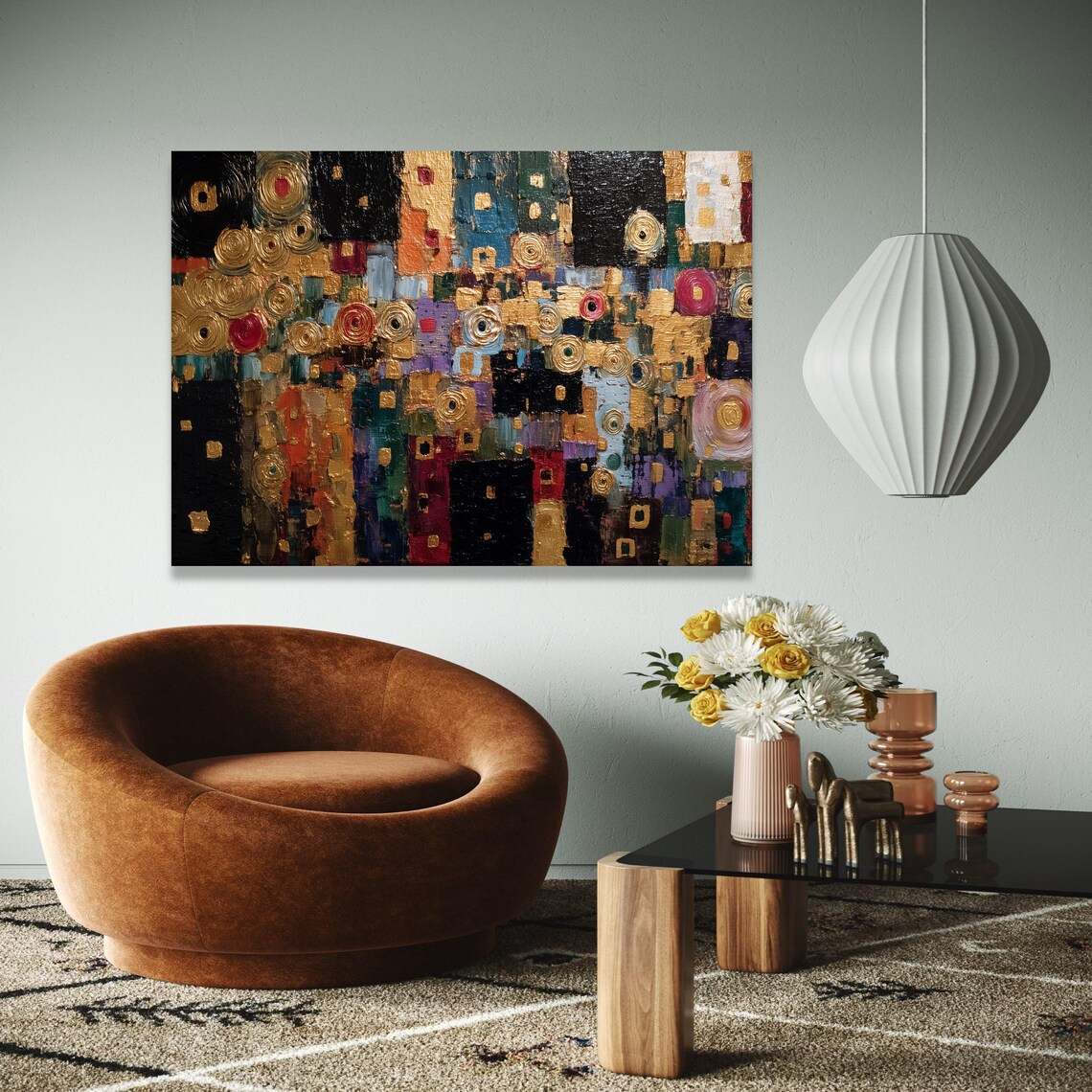 Klimt Style Geometric Abstract Oil Painting With Gold Circles Poster