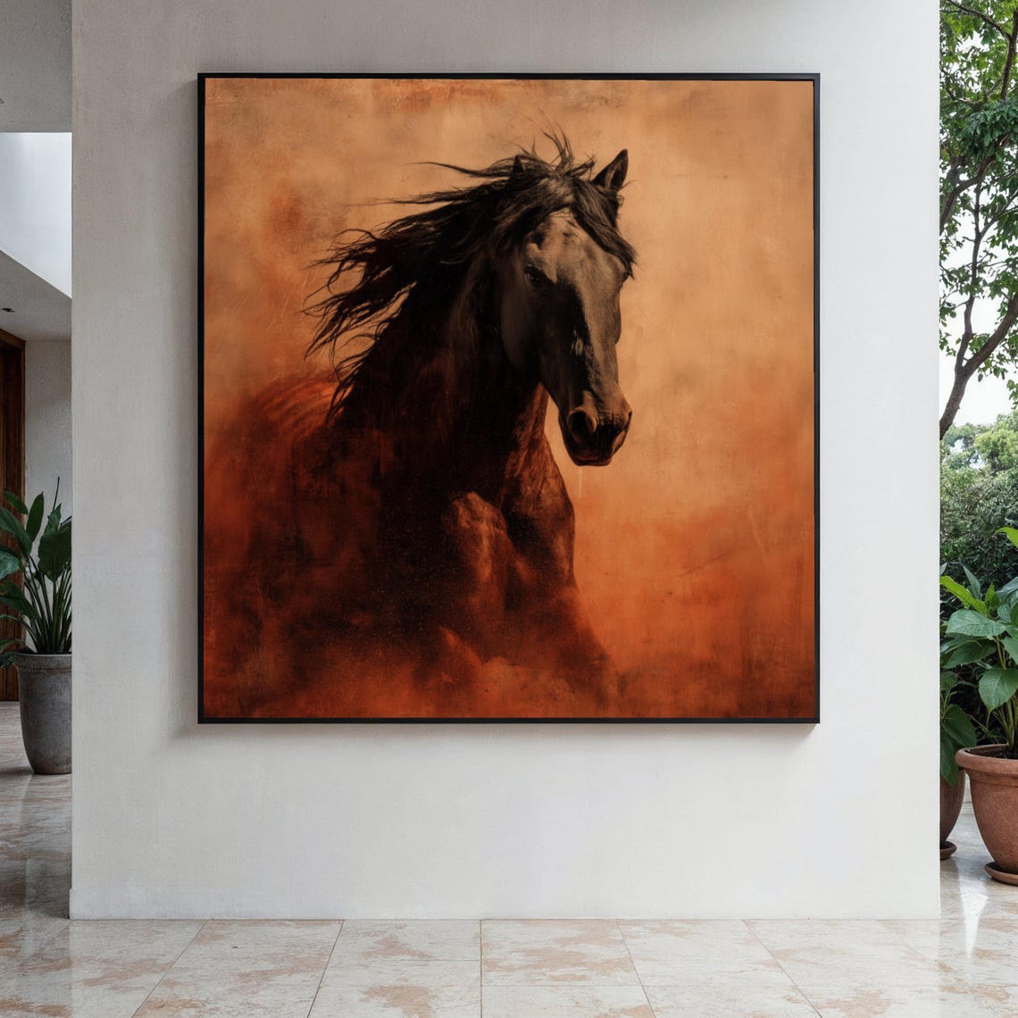 Majestic Black Stallion Running Portrait Rust Orange Painterly Poster