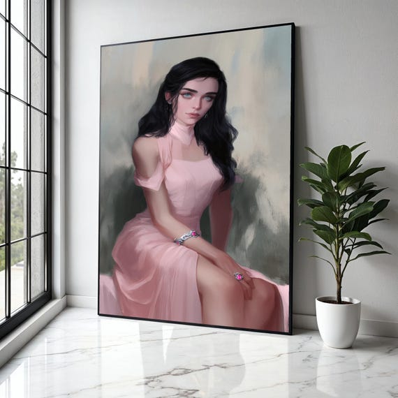 Elegant Woman Portrait Canvas Vintage Style Wall Art Feminine Pink Dress Artwork Modern Decorative Gift Home Decor Print