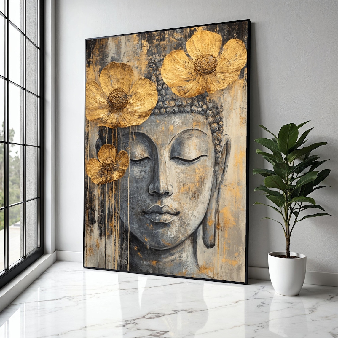 Stone Buddha Face Gold Flowers Aged Texture Spiritual Poster