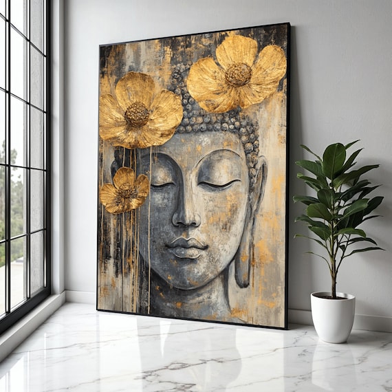 Stone Buddha Face Gold Flowers Aged Texture Spiritual Poster
