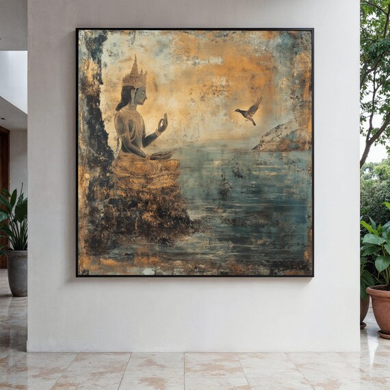 Crowned Deity by the Sea Gold and Teal Antique Art Style Poster