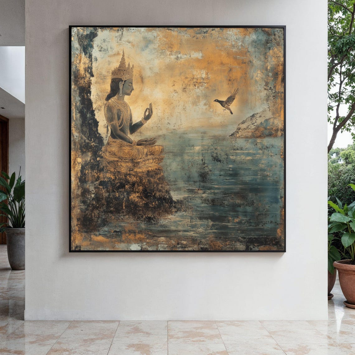 Crowned Deity by the Sea Gold and Teal Antique Art Style Poster