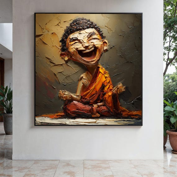 Laughing Buddha Figurine Canvas Impasto Painting Zen Inspired Wall Art Meditation Decor Humorous Spiritual Gift Home Print